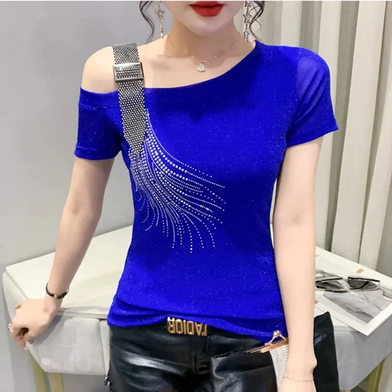 2025 New Summer Fashion European Female Clothes T-Shirt Sexy Off Shoulder Shiny Diamonds Mesh Women Tops All Match Tees Blouse - Image 4