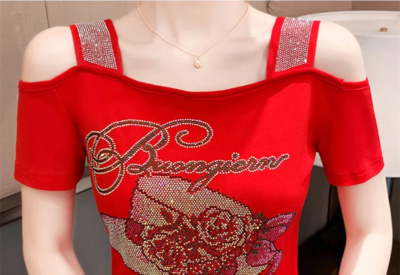 High Quality Summer Chic Hat Diamonds Design Women's T-shirt New Fashion Sexy Off Shoulder Mesh Top Lady Short Sleeve Brand Tees - Image 6