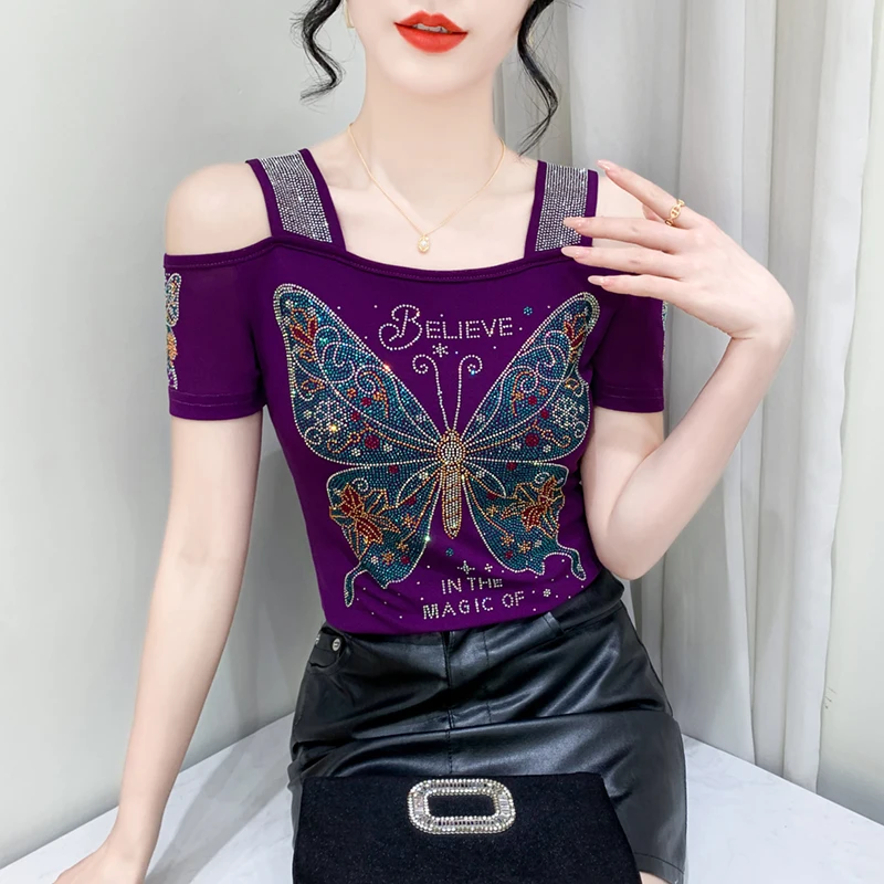 M-3XL Classic Girl Summer Streetwear T-Shirt Shiny Vintage Butterfly Hot Diamonds Tops Fashion Sexy Off Shoulder Womens Clothes - Image 3