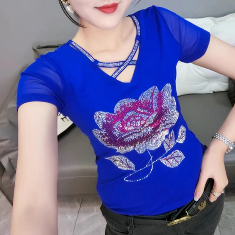 High Quality Summer Mesh T-Shirt Women Flower Diamonds Slim Sexy Tops Elegant Hollow Out V-Neck Short Sleeve Korean Female Tees - Image 3