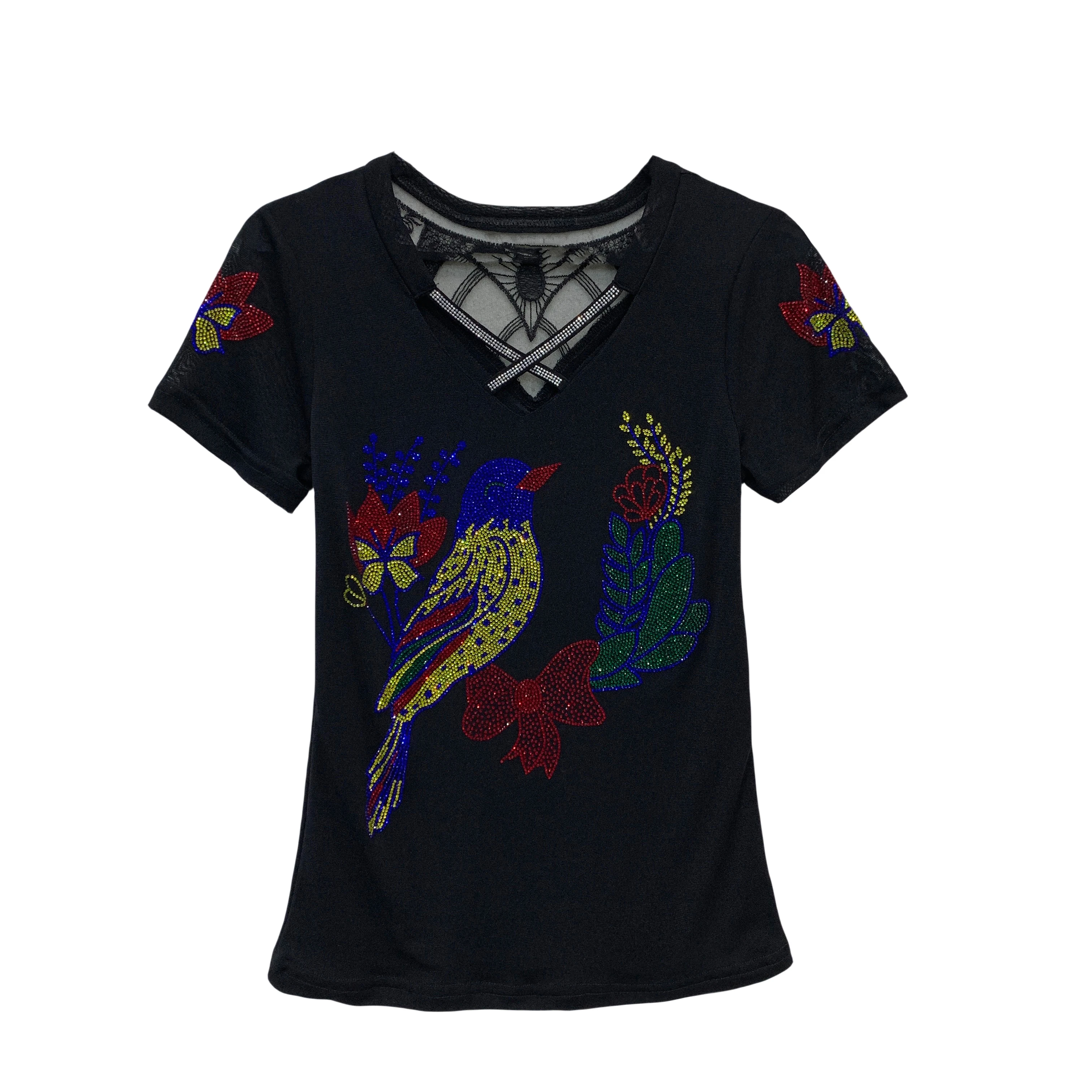 High Quality Summer Women’s Clothes T-Shirt Chic Cartoon Hot Diamonds Design Luxury Tops Classic Girl Sexy Hollow Out Slim Tees - Image 5