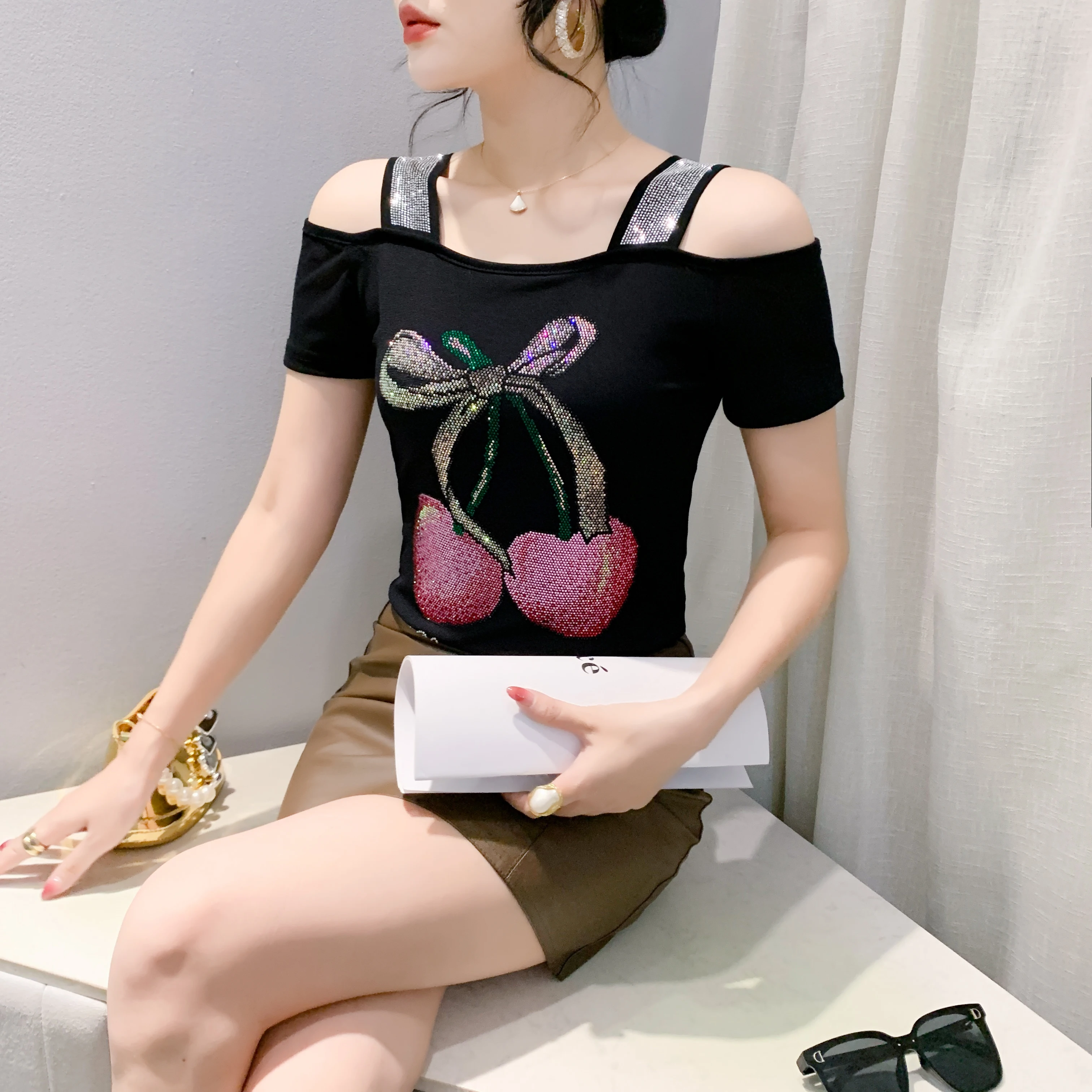 High-end Custom Chic Bow Shiny Hot Diamonds T-shirts Women's Sexy Off Shoulder Short Sleeved Top Classic Girl Elastic Slim Tees - Image 4