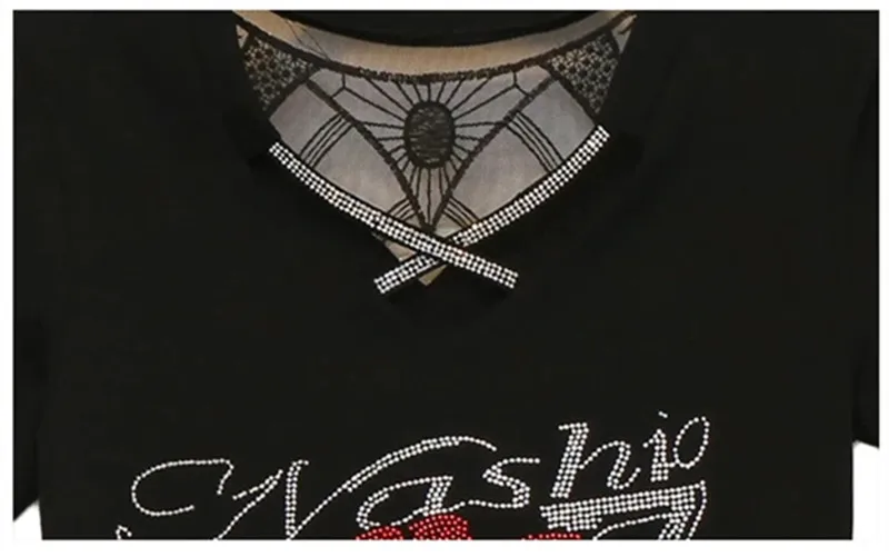 Streetwear Women Sexy V-neck Shiny Flower Diamonds T-shirt Summer Female Short Sleeve Slim Tops Shirt All Match Tees Blusas - Image 6