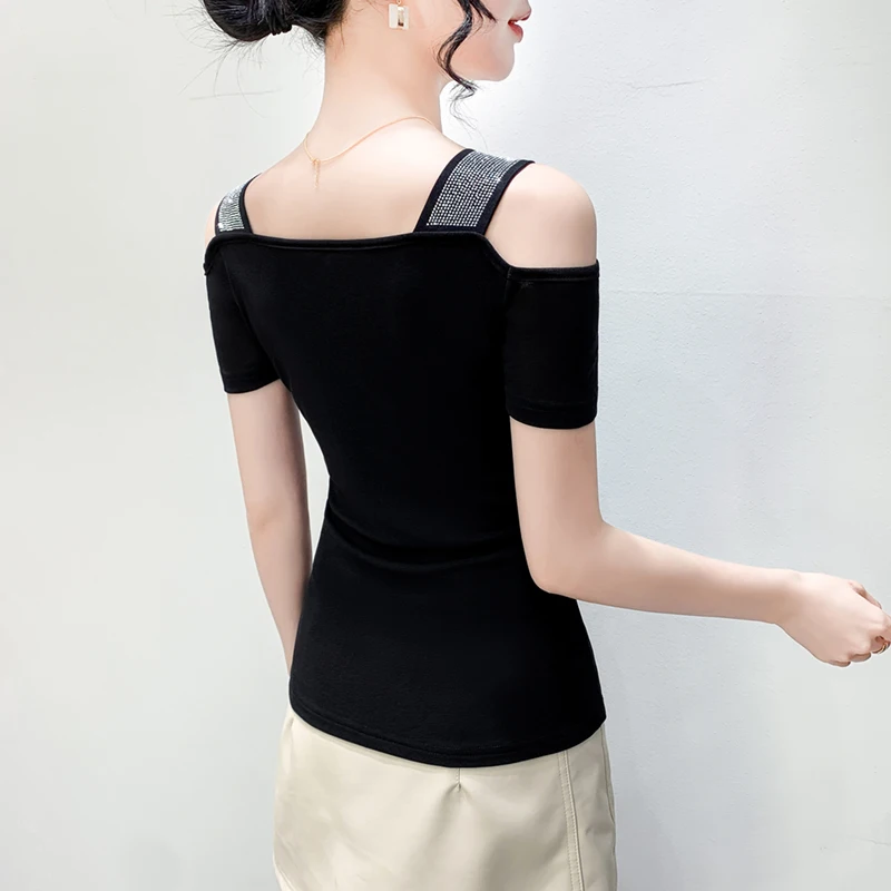 High Quality Summer Chic Hat Diamonds Design Women's T-shirt New Fashion Sexy Off Shoulder Mesh Top Lady Short Sleeve Brand Tees - Image 2