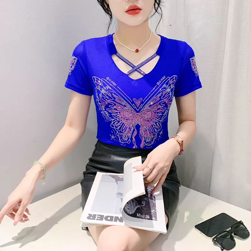 High-end Custom Summer European Ladies Clothes T-Shirt Fashion Shiny Diamonds Women Tops Sexy Hollow Out Embroidery Mesh Tees - Image 4