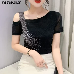 2025 New Summer Fashion European Female Clothes T-Shirt Sexy Off Shoulder Shiny Diamonds Mesh Women Tops All Match Tees Blouse
