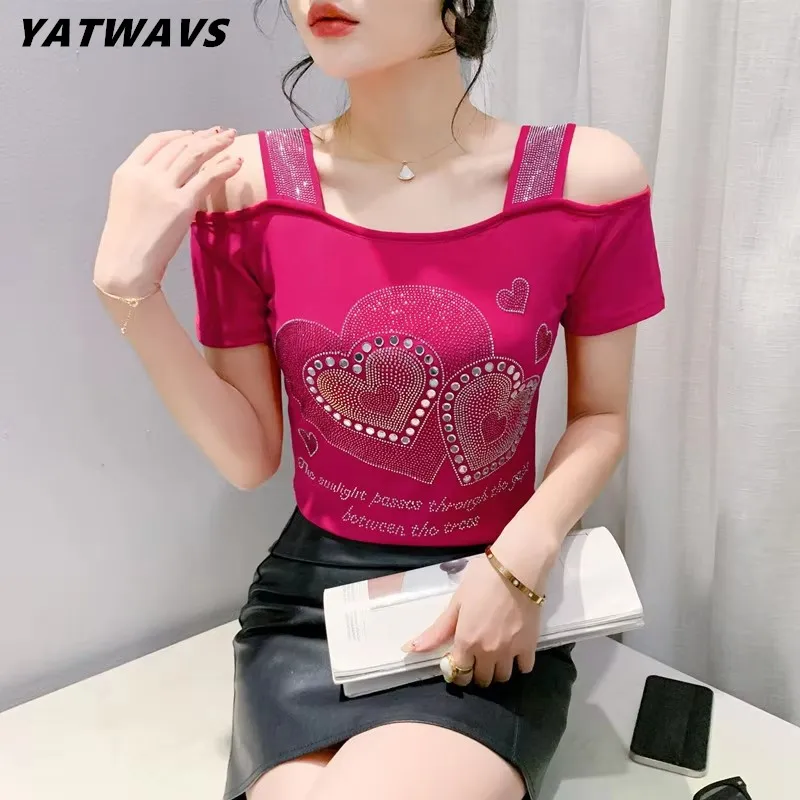Streetwear Girl Summer Luxury Heart Shaped Hot Diamonds T-shirt Chic Sexy Off Shoulder Short Sleeve Tees High-end Women Slim Top