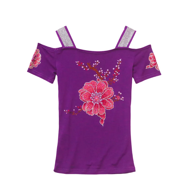 Streetwear Girl Summer Chic Clothes Mesh T-Shirt New Flower Hot Diamonds Brand Women Tops Sexy Short Sleeve Off Shoulder Tees - Image 5