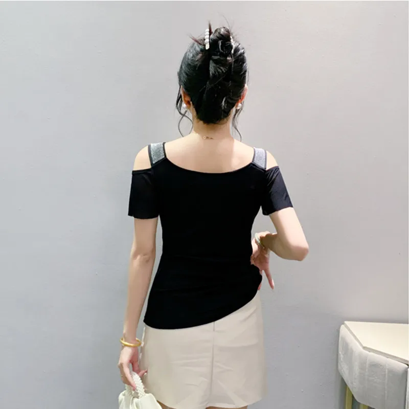 M-3XL New European Summer Clothes Chic Girl Butterfly Shiny Diamonds T-shirt Sexy Off Shoulder Women Tops All Match Mesh Tees - Image 2