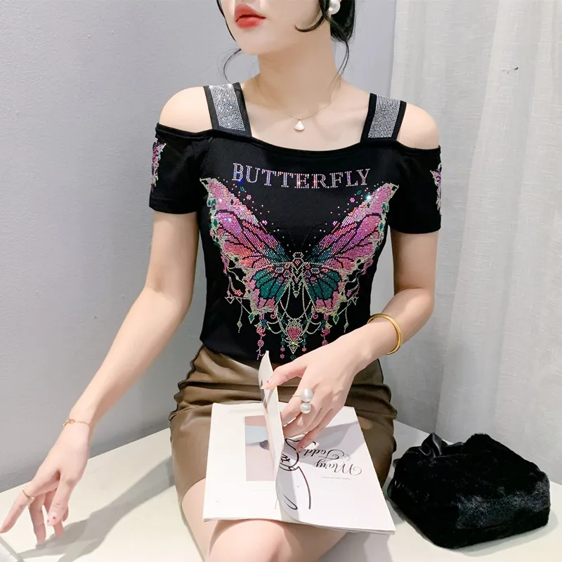 High Quality Summer Korean Women's Mesh T-shirt Sexy Chic Off Shoulder Classic Girl Slim Tees Fashion Butterfly Hot Diamonds Top - Image 3
