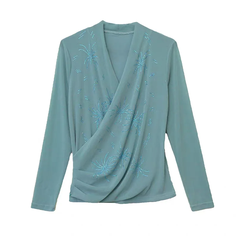 European Fashion V-neck Mesh Hot Diamonds T-shirt For Women's Autumn New Long Sleeved Pleated Design Tees Female Tops