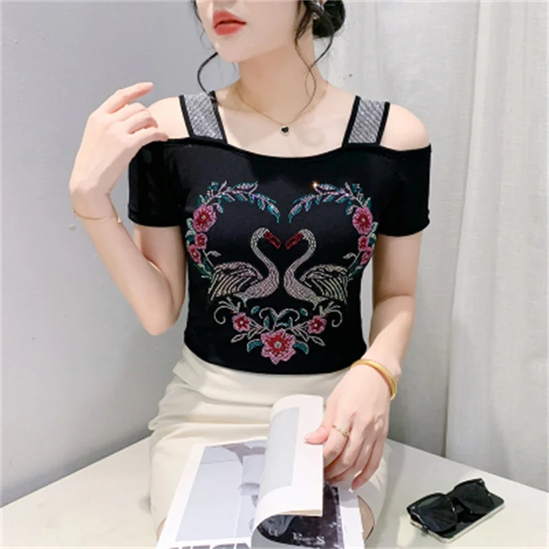 M-3XL Streetwear Girl Summer Cartoon Design Hot Diamonds T-Shirt Women Sexy Off Shoulder Slim Mesh Tops Chic Luxury Flower Tees - Image 2