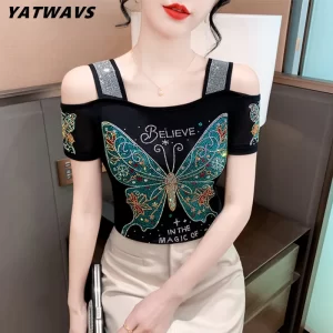 M-3XL Classic Girl Summer Streetwear T-Shirt Shiny Vintage Butterfly Hot Diamonds Tops Fashion Sexy Off Shoulder Womens Clothes