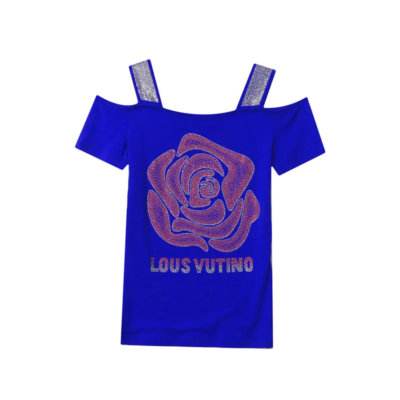 High Quality Summer Shiny Golden Rose Diamonds T-Shirts Women Sexy Off Shoulder Short Sleeve Top New Fashion Girl Slim Mesh Tees - Image 5