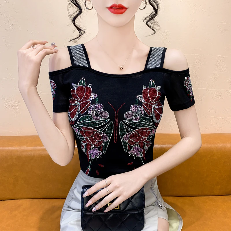 New Arrivals Summer Streetwear Women's Clothes T-Shirt Shiny Butterfly Hot Diamonds Design Tops Sexy Off Shoulder Female Tees - Image 3