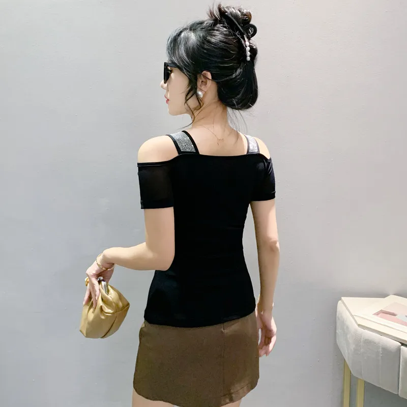 Streetwear Girl Summer Luxury Heart Shaped Hot Diamonds T-shirt Chic Sexy Off Shoulder Short Sleeve Tees High-end Women Slim Top - Image 2