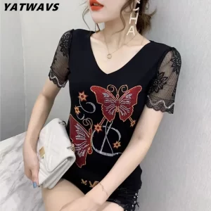 High-End Summer Fashion Korean Clothes T-shirt Chic Butterfly Diamonds Mesh Women Tops Sexy Hollow Short Sleeve All Match Tees