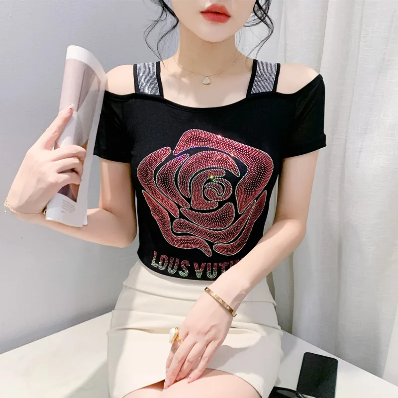 High Quality Summer Shiny Golden Rose Diamonds T-Shirts Women Sexy Off Shoulder Short Sleeve Top New Fashion Girl Slim Mesh Tees - Image 3