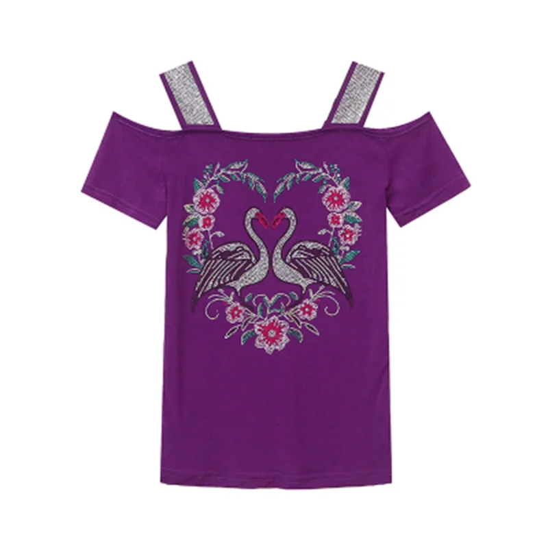 M-3XL Streetwear Girl Summer Cartoon Design Hot Diamonds T-Shirt Women Sexy Off Shoulder Slim Mesh Tops Chic Luxury Flower Tees - Image 5