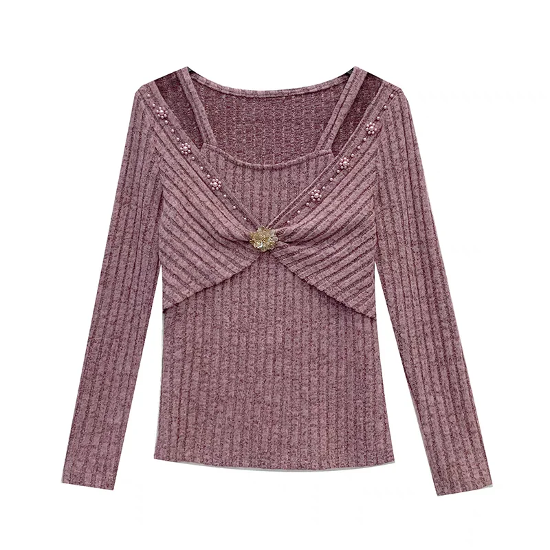 High Quality Women’s Chic Shinny Flower Beading T-Shirt Sexy Off Shoulder Long Sleeves Tees New Fashion Ladies Cotton Tops - Image 5