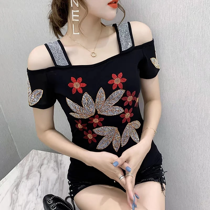 M-3XL New Summer Fashion European Ladies Clothes T-Shirt Sexy Off Shoulder Shiny Diamonds Mesh Women Tops All Match Tees Blusas - Image 3