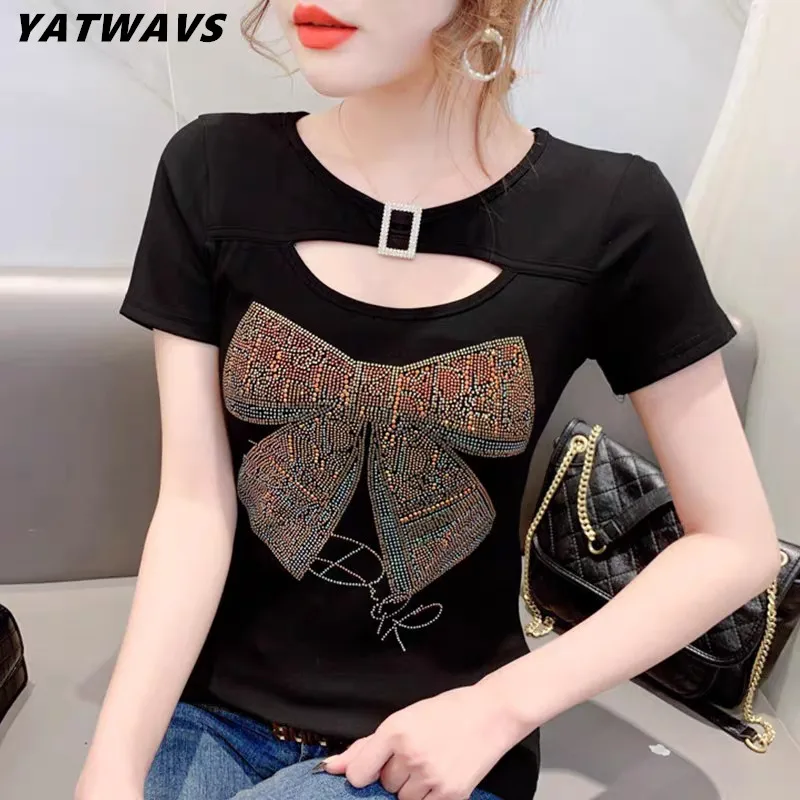 2025 New Summer European Clothes T-Shirt Chic Sexy O-Neck Shiny Bowknot Diamonds Women Tops Short Sleeve Hollow Out Tees Blusas