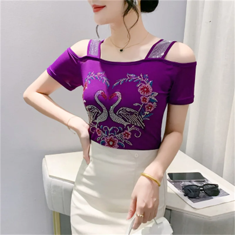 M-3XL Streetwear Girl Summer Cartoon Design Hot Diamonds T-Shirt Women Sexy Off Shoulder Slim Mesh Tops Chic Luxury Flower Tees - Image 4