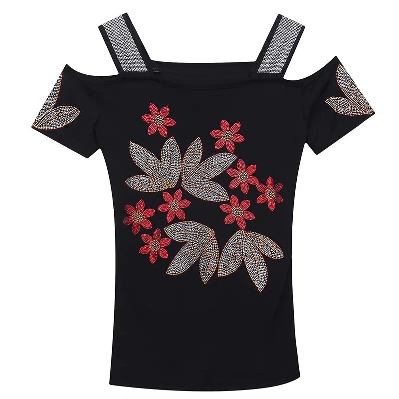 M-3XL New Summer Fashion European Ladies Clothes T-Shirt Sexy Off Shoulder Shiny Diamonds Mesh Women Tops All Match Tees Blusas - Image 6
