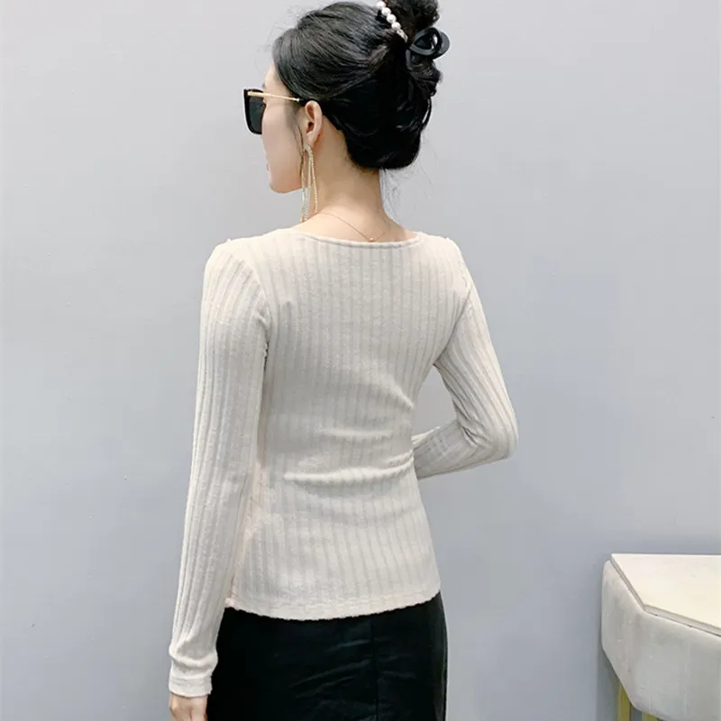 High Quality Women’s Chic Shinny Flower Beading T-Shirt Sexy Off Shoulder Long Sleeves Tees New Fashion Ladies Cotton Tops - Image 2