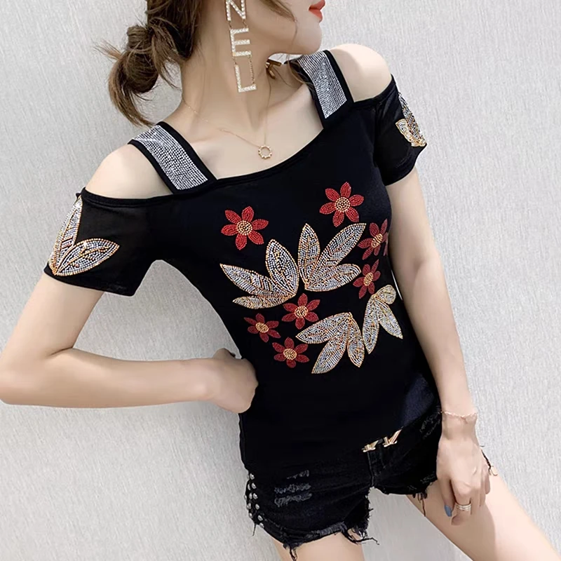 M-3XL New Summer Fashion European Ladies Clothes T-Shirt Sexy Off Shoulder Shiny Diamonds Mesh Women Tops All Match Tees Blusas - Image 5