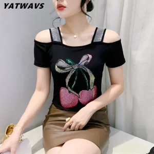 High-end Custom Chic Bow Shiny Hot Diamonds T-shirts Women's Sexy Off Shoulder Short Sleeved Top Classic Girl Elastic Slim Tees