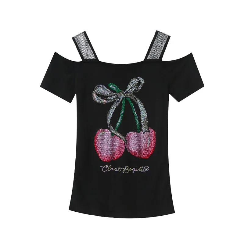 High-end Custom Chic Bow Shiny Hot Diamonds T-shirts Women's Sexy Off Shoulder Short Sleeved Top Classic Girl Elastic Slim Tees - Image 5