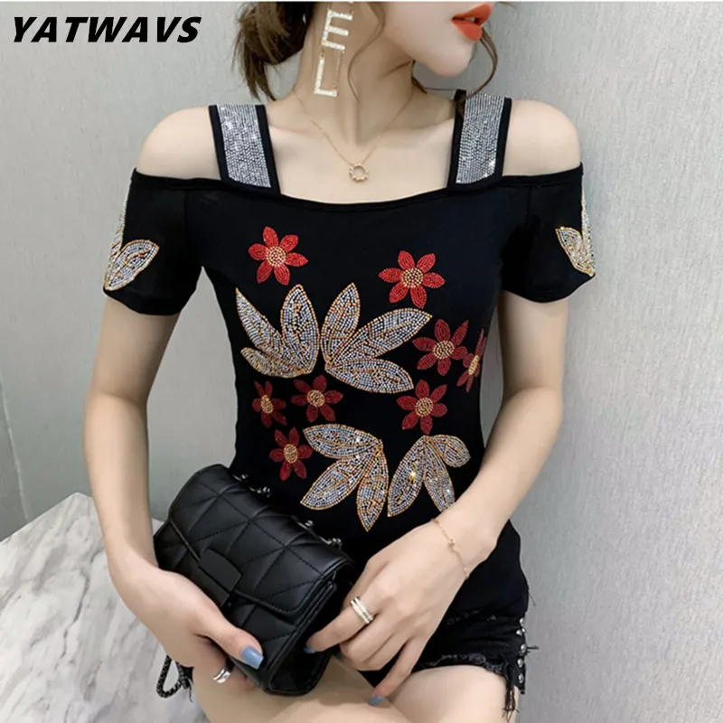 M-3XL New Summer Fashion European Ladies Clothes T-Shirt Sexy Off Shoulder Shiny Diamonds Mesh Women Tops All Match Tees Blusas