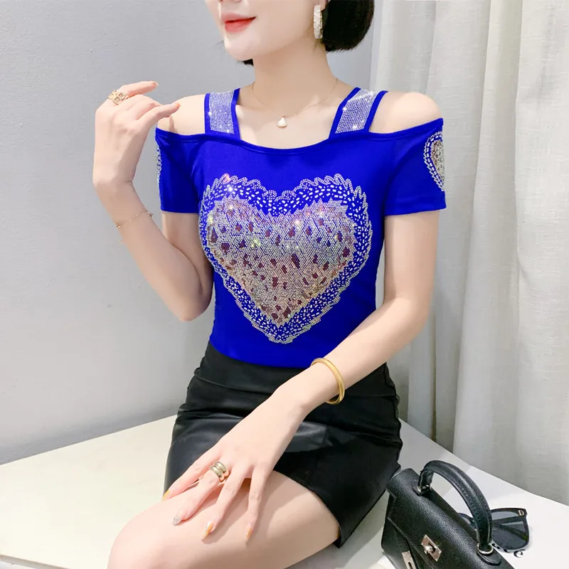 Streetwear Girl Chic Heart Shaped Hot Diamonds T-shirt New Sexy Off Shoulder Women Tees Summer Short Sleeve Slim Mesh Tops - Image 3