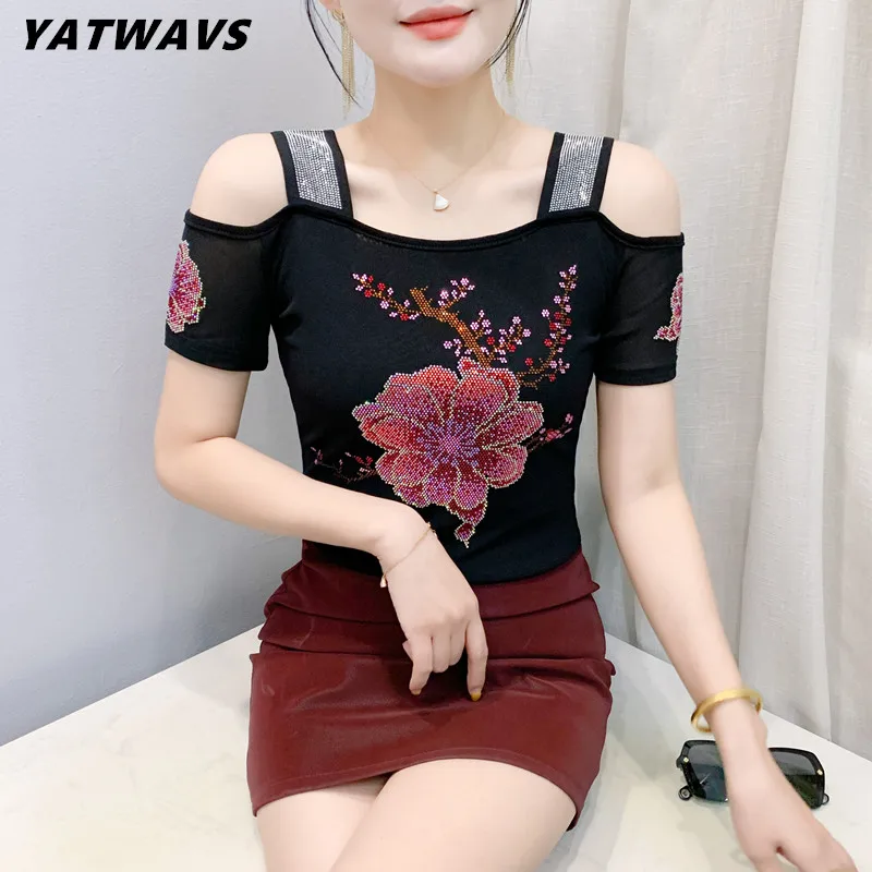 Streetwear Girl Summer Chic Clothes Mesh T-Shirt New Flower Hot Diamonds Brand Women Tops Sexy Short Sleeve Off Shoulder Tees