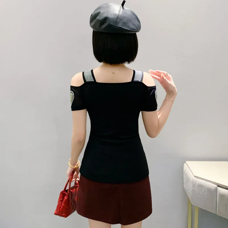 Streetwear Girl Chic Heart Shaped Hot Diamonds T-shirt New Sexy Off Shoulder Women Tees Summer Short Sleeve Slim Mesh Tops - Image 2