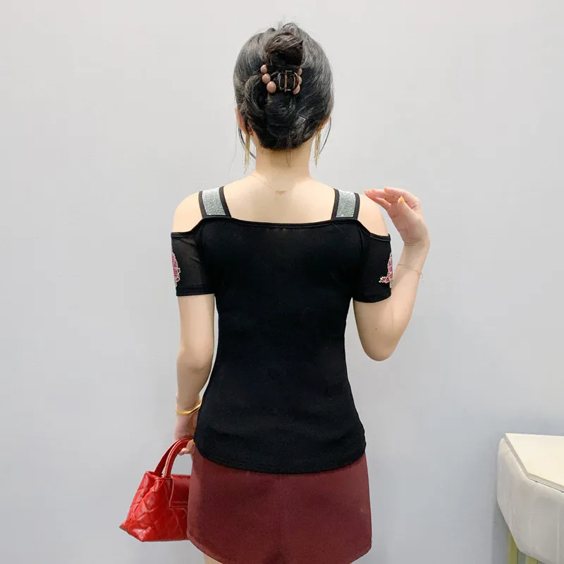 Streetwear Girl Summer Chic Clothes Mesh T-Shirt New Flower Hot Diamonds Brand Women Tops Sexy Short Sleeve Off Shoulder Tees - Image 2
