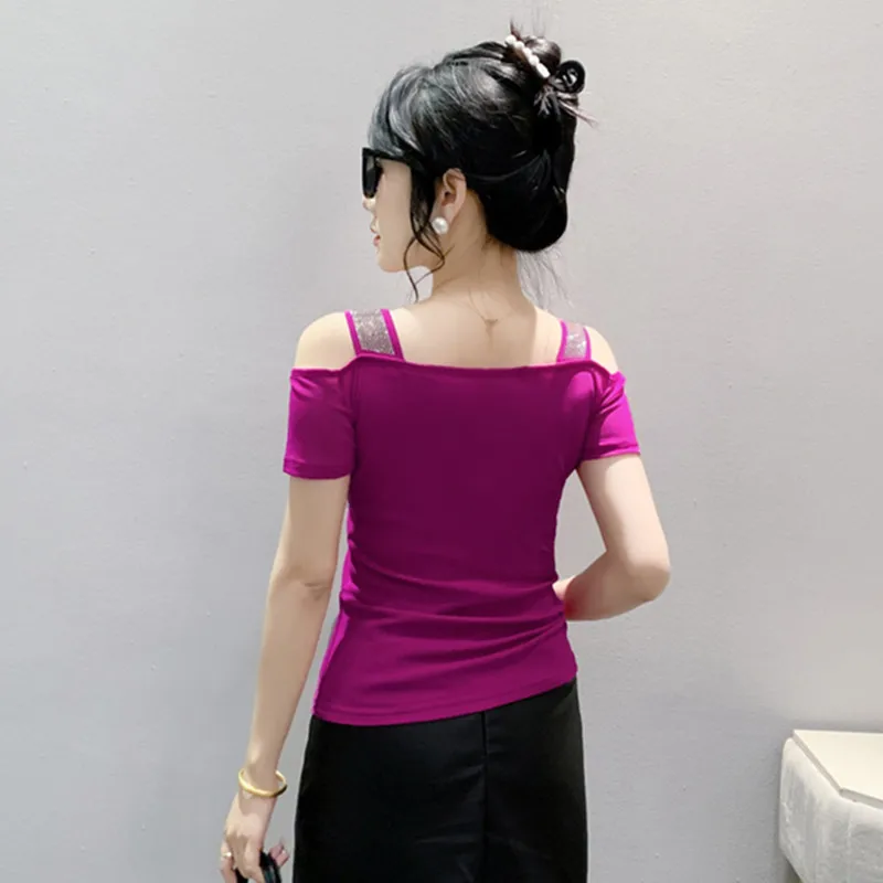 New Arrivals European Summer Women Flower T-shirt Clothes Chic Sexy Off Shoulder Shiny Diamonds Tops Brand Girl Slim Mesh Tees - Image 2