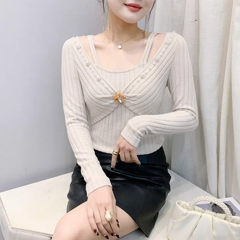 High Quality Women’s Chic Shinny Flower Beading T-Shirt Sexy Off Shoulder Long Sleeves Tees New Fashion Ladies Cotton Tops - Image 4