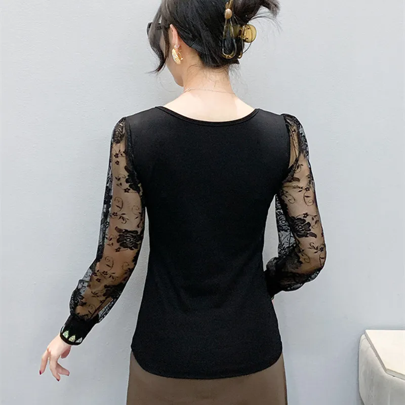 2025 Autumn New Fashion Mesh Slim T-shirt Luxury Hot Diamonds Tees High Quality Women's Sexy Transparent Long Sleeves Tops - Image 2