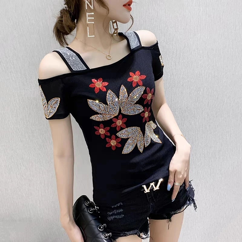 M-3XL New Summer Fashion European Ladies Clothes T-Shirt Sexy Off Shoulder Shiny Diamonds Mesh Women Tops All Match Tees Blusas - Image 4