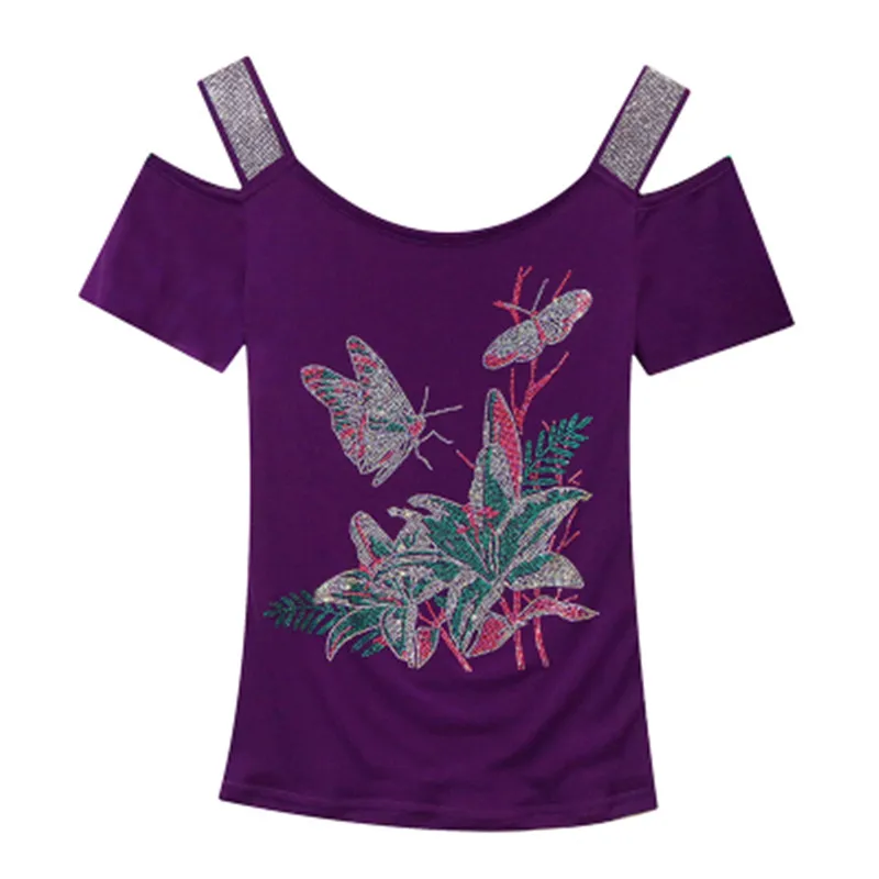 M-3XL New European Summer Clothes Chic Girl Butterfly Shiny Diamonds T-shirt Sexy Off Shoulder Women Tops All Match Mesh Tees - Image 5