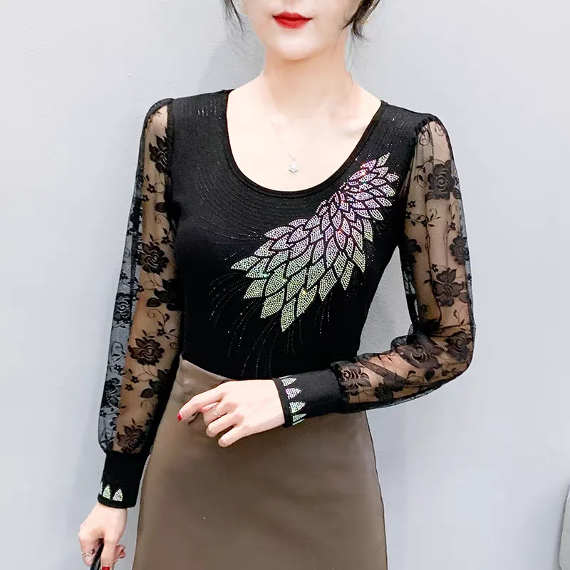2025 Autumn New Fashion Mesh Slim T-shirt Luxury Hot Diamonds Tees High Quality Women's Sexy Transparent Long Sleeves Tops - Image 4