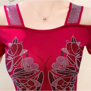 New Arrivals Summer Streetwear Women's Clothes T-Shirt Shiny Butterfly Hot Diamonds Design Tops Sexy Off Shoulder Female Tees