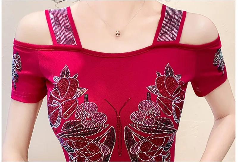New Arrivals Summer Streetwear Women's Clothes T-Shirt Shiny Butterfly Hot Diamonds Design Tops Sexy Off Shoulder Female Tees