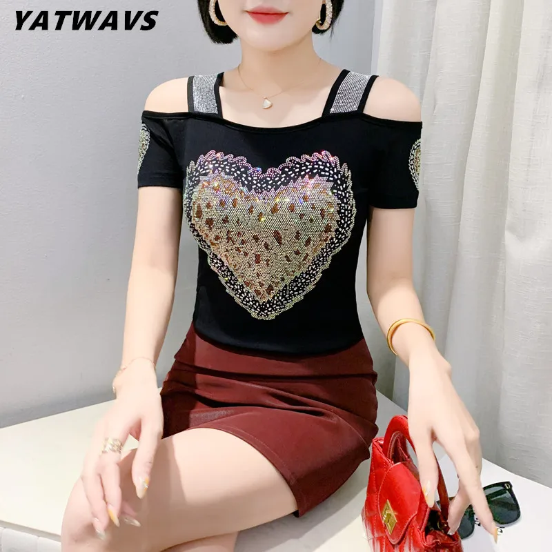 Streetwear Girl Chic Heart Shaped Hot Diamonds T-shirt New Sexy Off Shoulder Women Tees Summer Short Sleeve Slim Mesh Tops