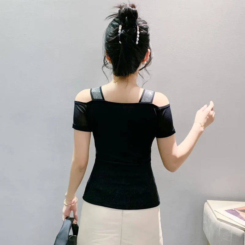 High Quality Summer Shiny Golden Rose Diamonds T-Shirts Women Sexy Off Shoulder Short Sleeve Top New Fashion Girl Slim Mesh Tees - Image 2