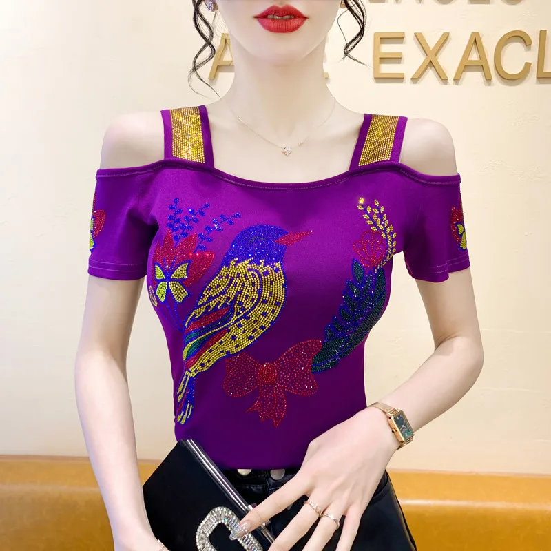 High-End Brand Women’s T-Shirt Clothes Luxury Shiny Cartoon Hot Diamonds Tops Summer Streetwear Girl Sexy Off Shoulder Tees - Image 3
