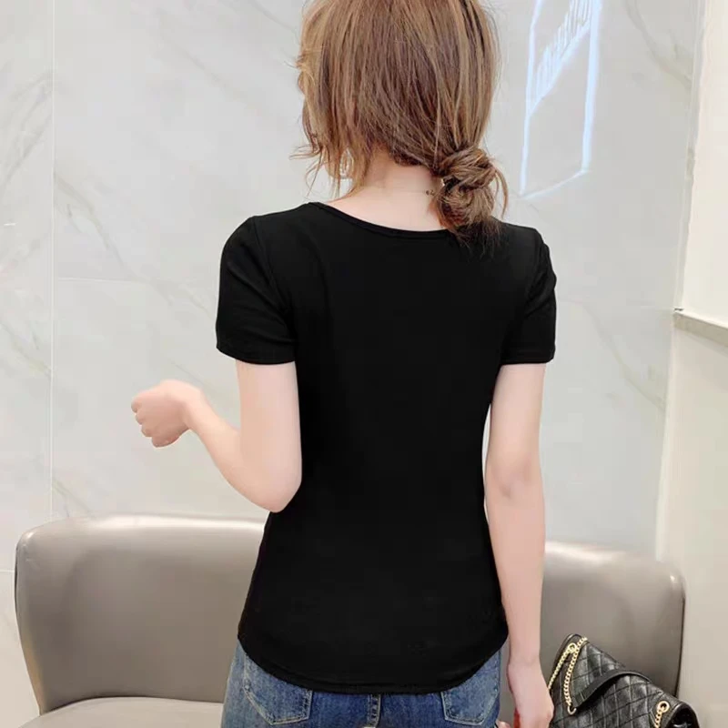 2025 New Summer European Clothes T-Shirt Chic Sexy O-Neck Shiny Bowknot Diamonds Women Tops Short Sleeve Hollow Out Tees Blusas - Image 2