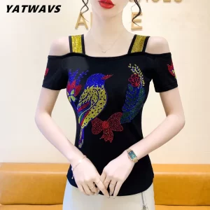 High-End Brand Women’s T-Shirt Clothes Luxury Shiny Cartoon Hot Diamonds Tops Summer Streetwear Girl Sexy Off Shoulder Tees